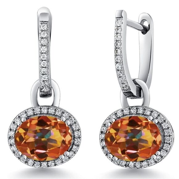 925 Sterling Silver with 4.44 Cttw Ecstasy Mystic Topaz Oval Dangling Earrings